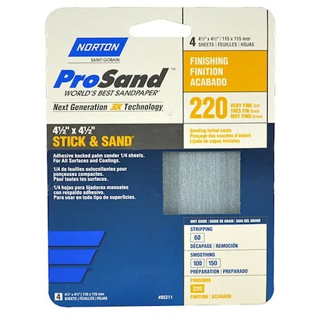 Norton Co 4-1/2" x 4-1/2" ProSand Stick & Sand Sanding Sheet 220-Grit, PK 4 05311